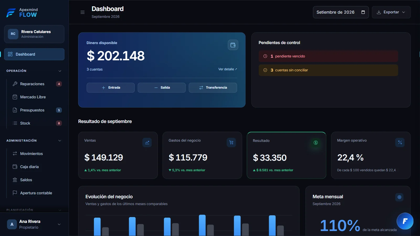 Dashboard actual de Flow: dinero disponible, pendientes y resultado del mes.